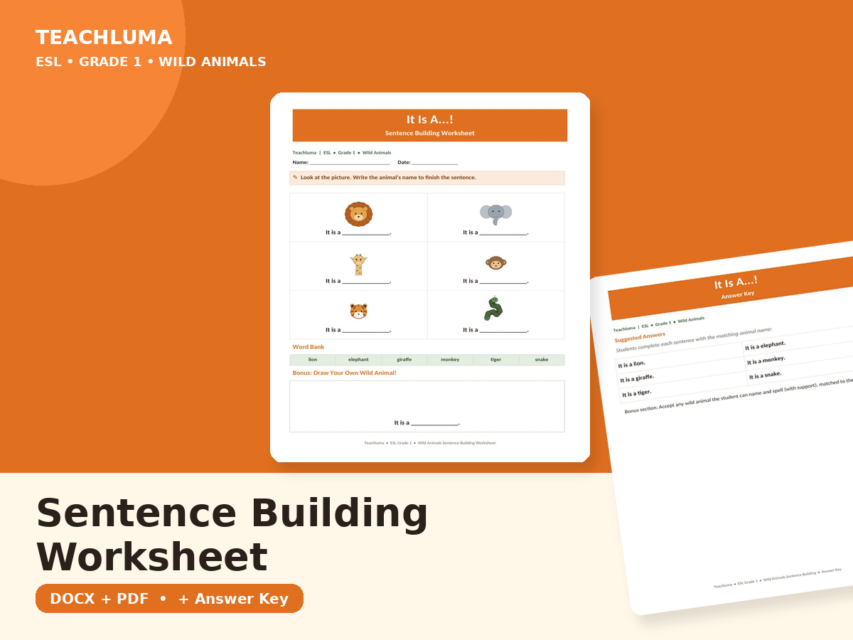It Is A...! — Sentence Building Worksheet