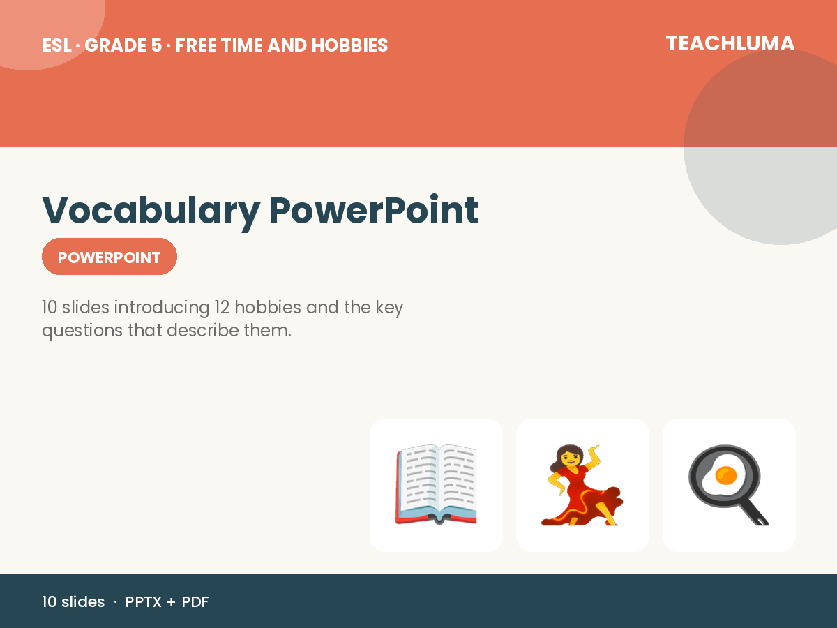 Grade 5 Free Time and Hobbies Vocabulary PowerPoint