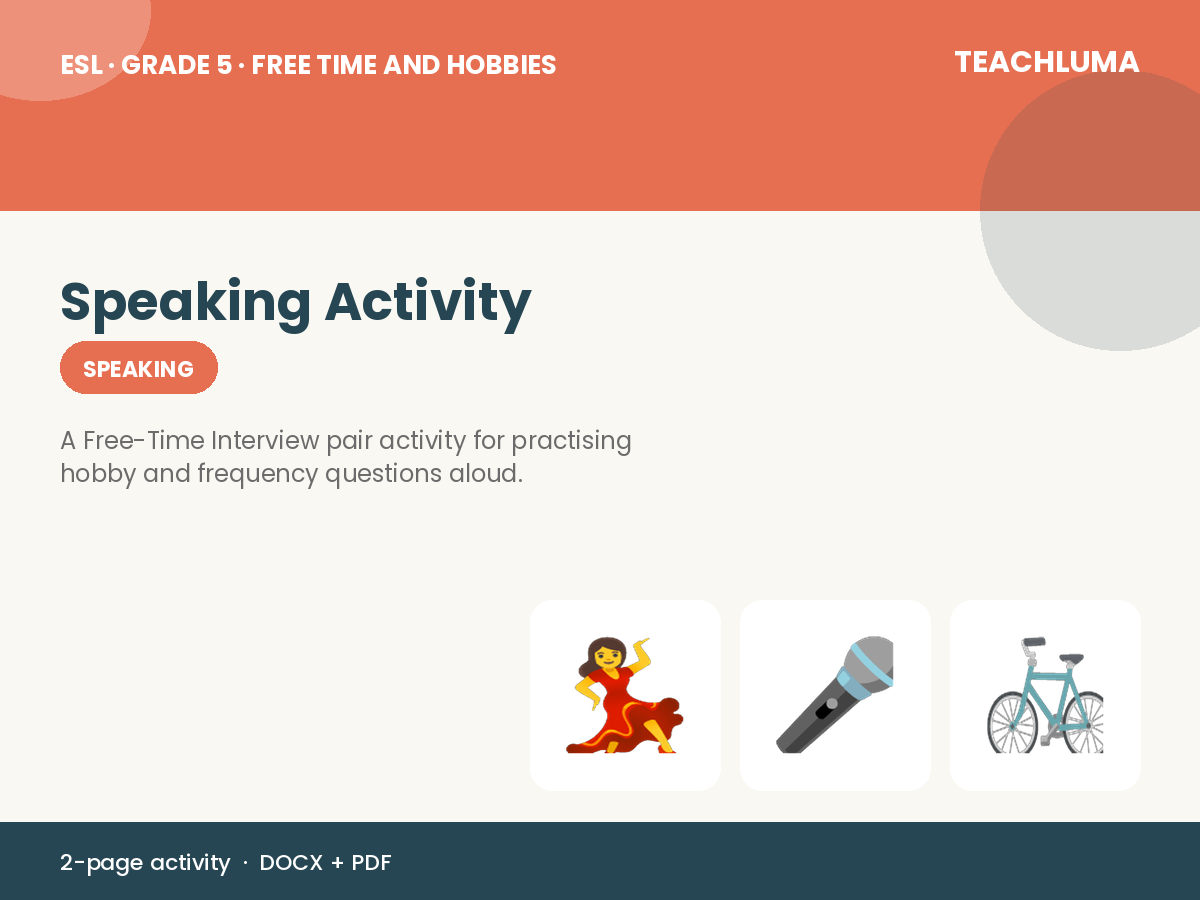 Grade 5 Free Time and Hobbies Speaking Activity: Free-Time Interview