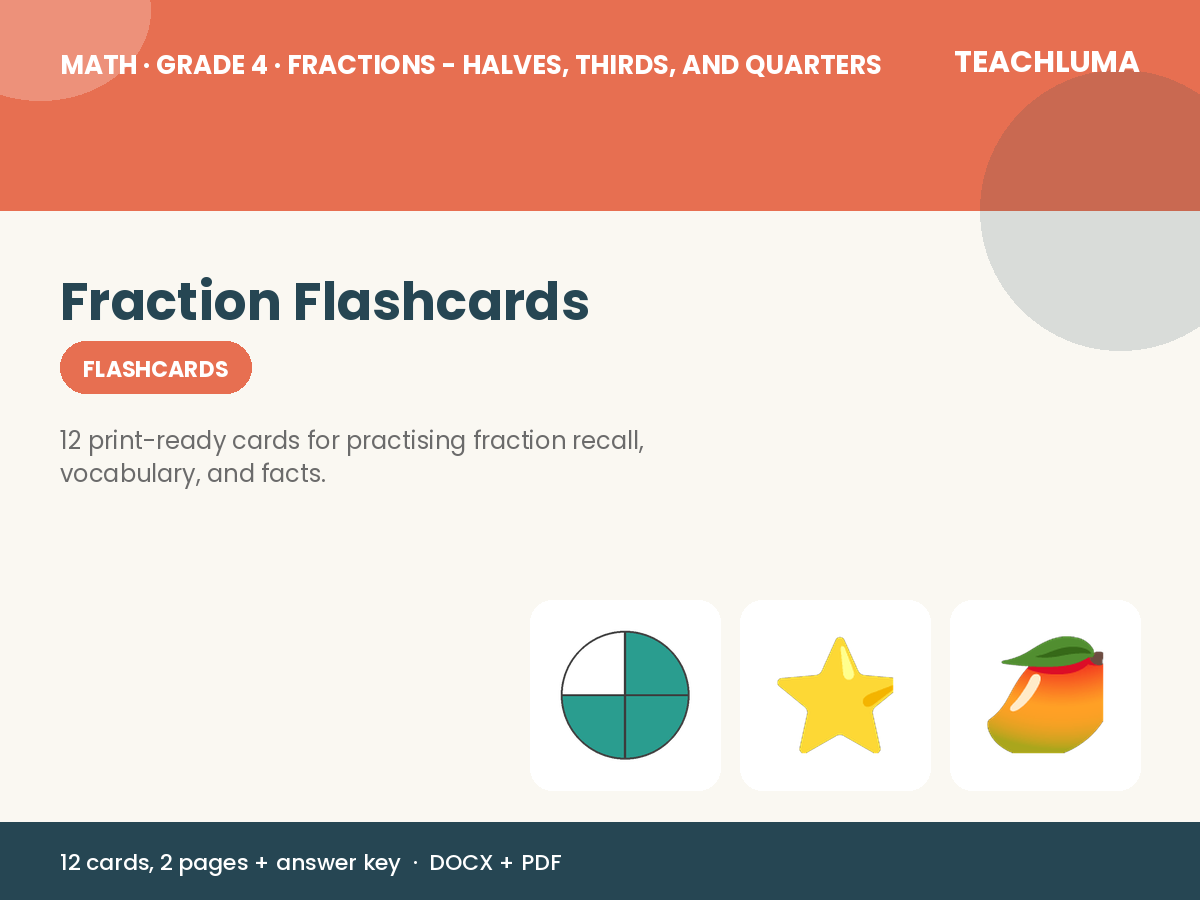Grade 4 Fraction Flashcards: Halves, Thirds, and Quarters
