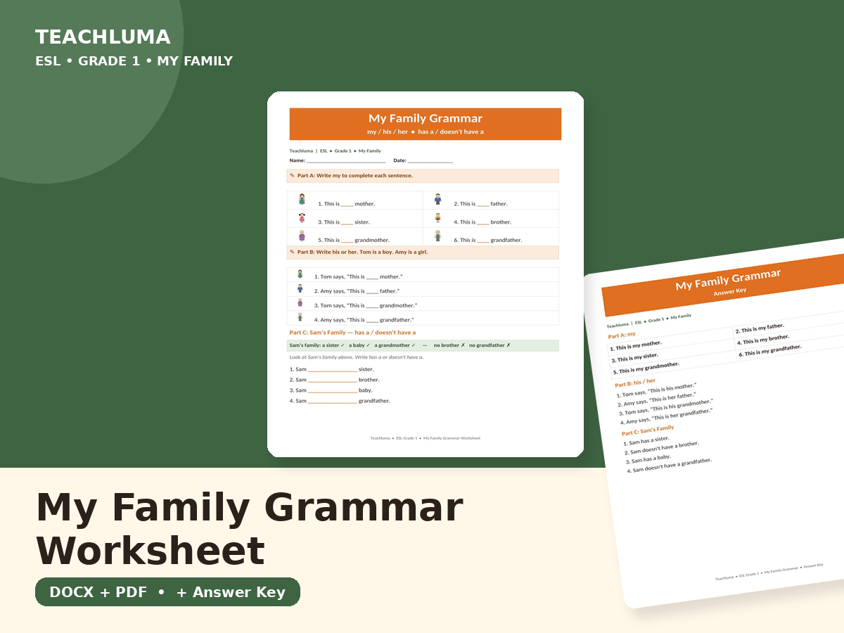 My Family Grammar — my / his / her, has a / doesn't have a