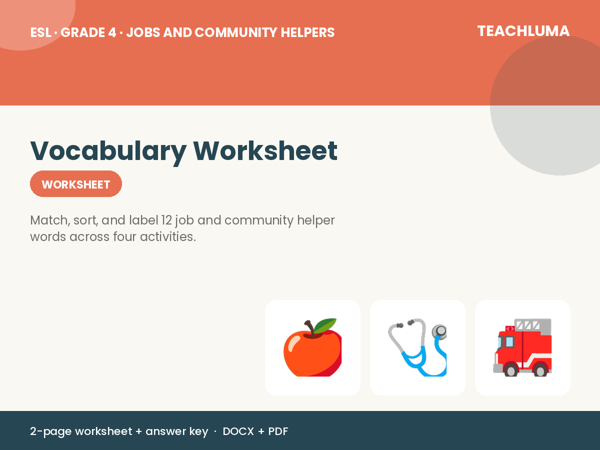 Grade 4 Jobs and Community Helpers Vocabulary Worksheet