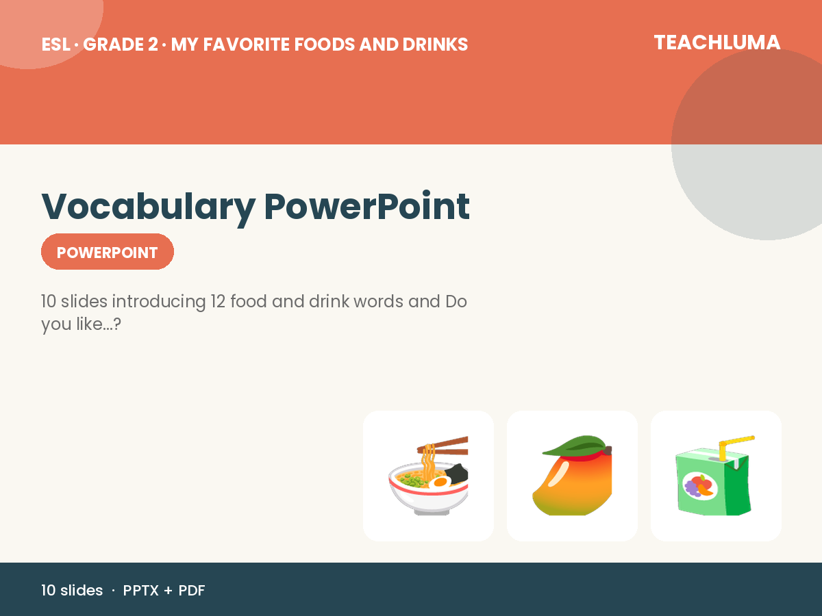 Grade 2 My Favorite Foods and Drinks Vocabulary PowerPoint: Do You Like...?